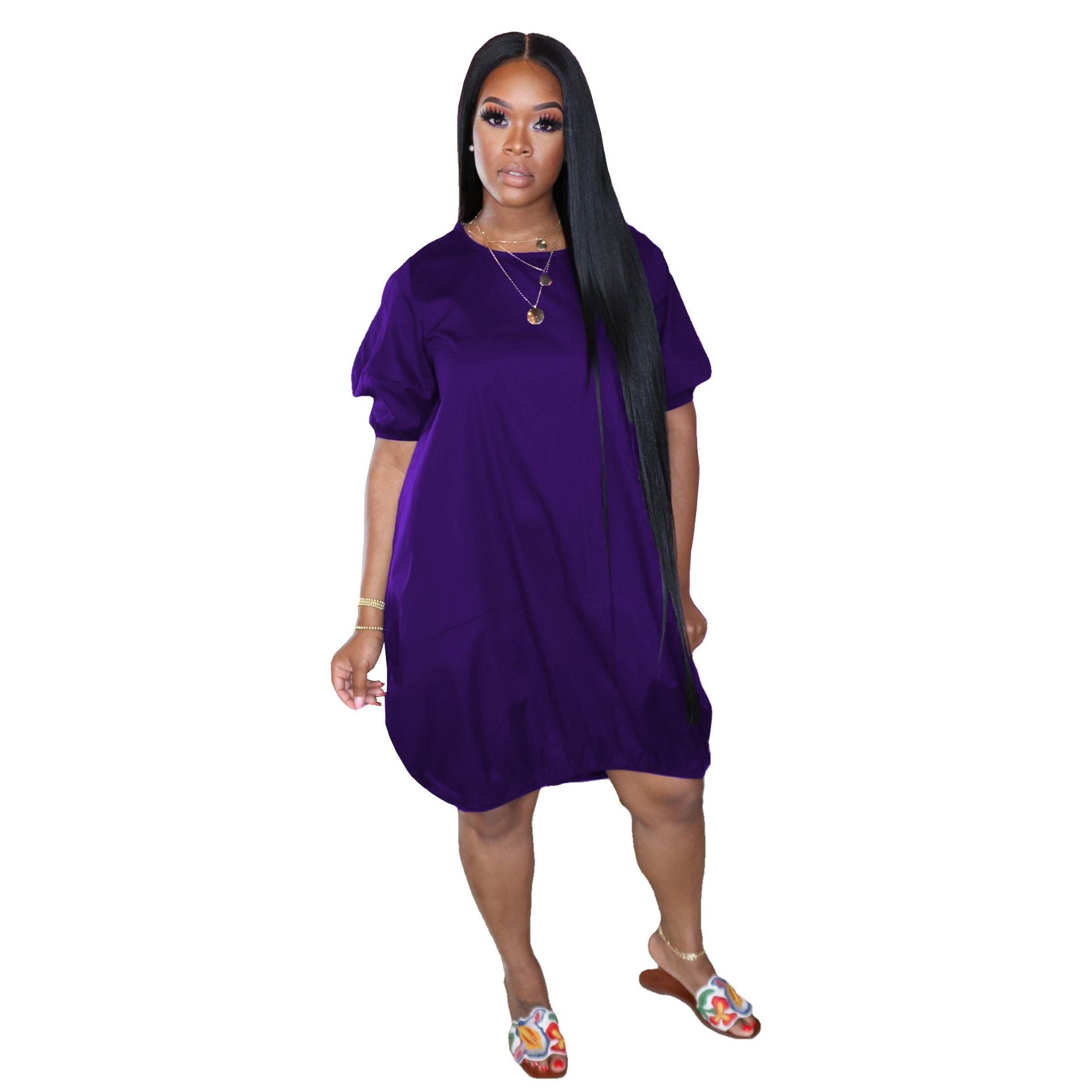 Solid Color Casual Bubble Skirt Pocket Dress