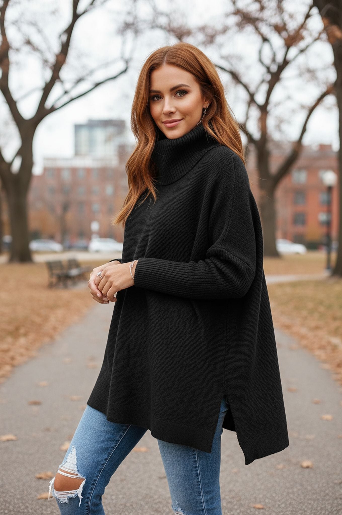 Length Bat Sleeve Hem Tunic Pullover Sweater Knitted Girl