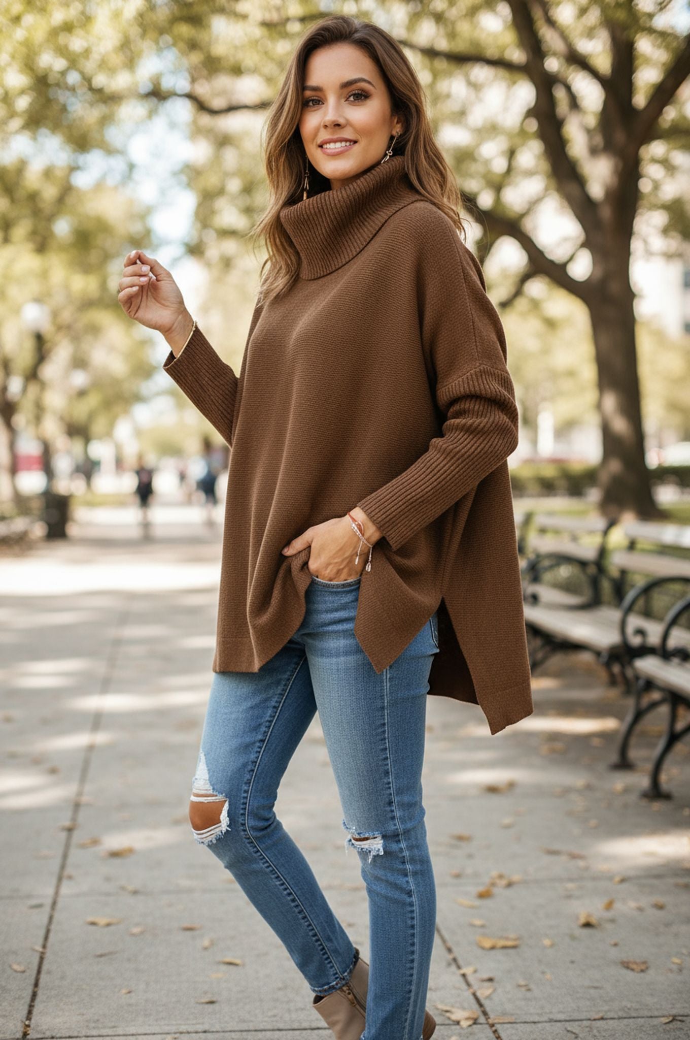 Length Bat Sleeve Hem Tunic Pullover Sweater Knitted Girl