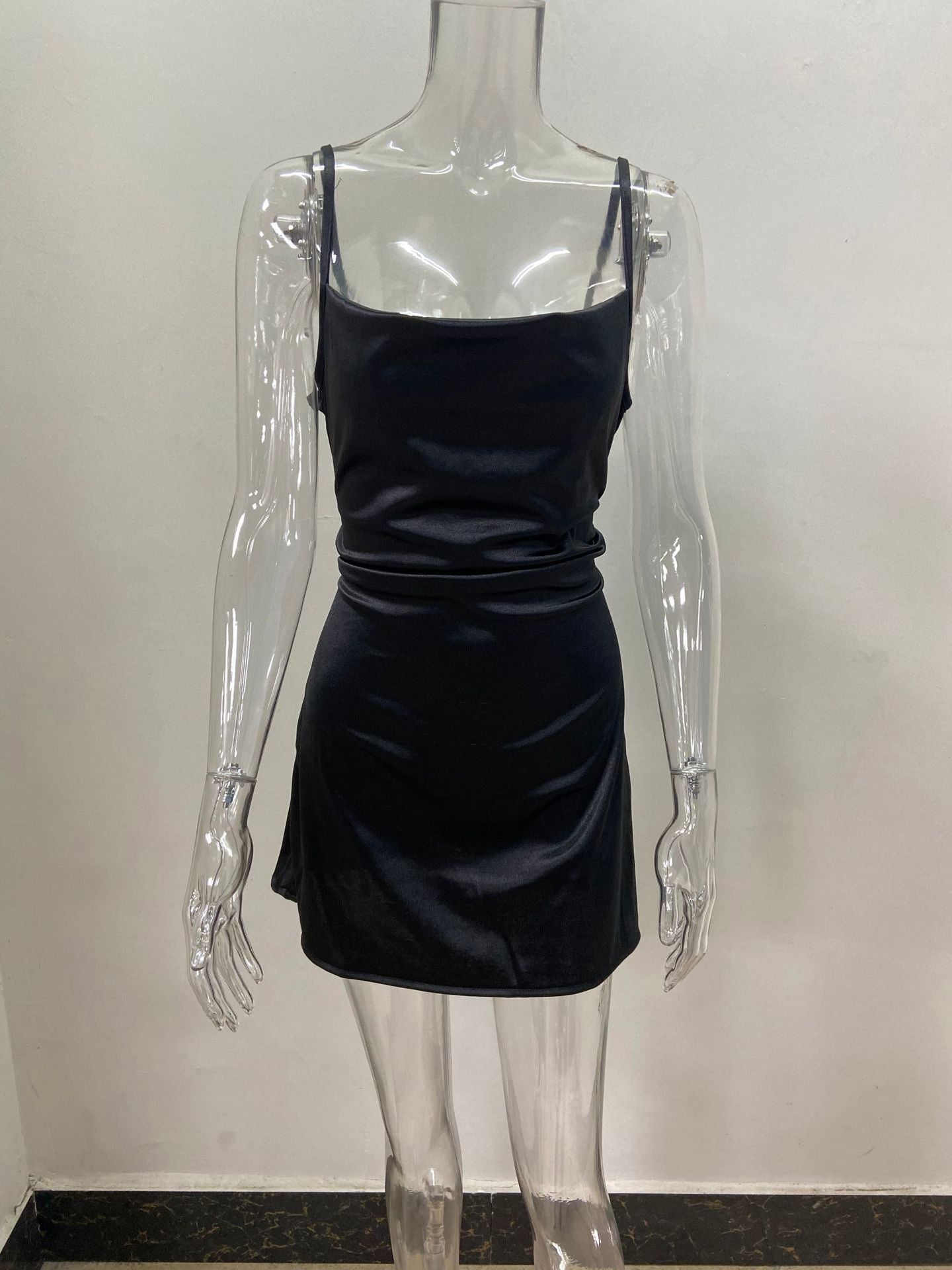 Skirt With Elegant Temperament, Pocket Collar, Satin Basic Backless Slip Dress
