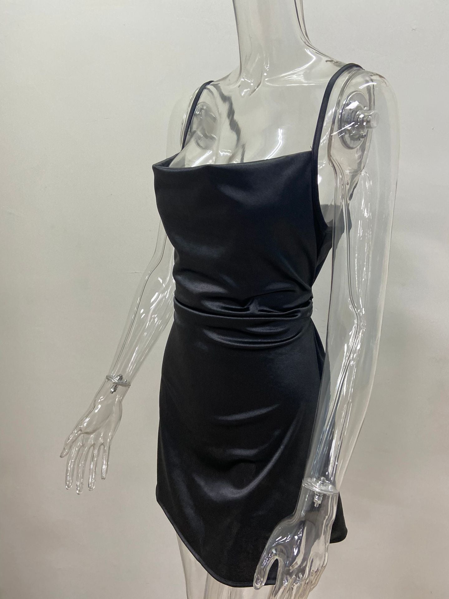 Skirt With Elegant Temperament, Pocket Collar, Satin Basic Backless Slip Dress