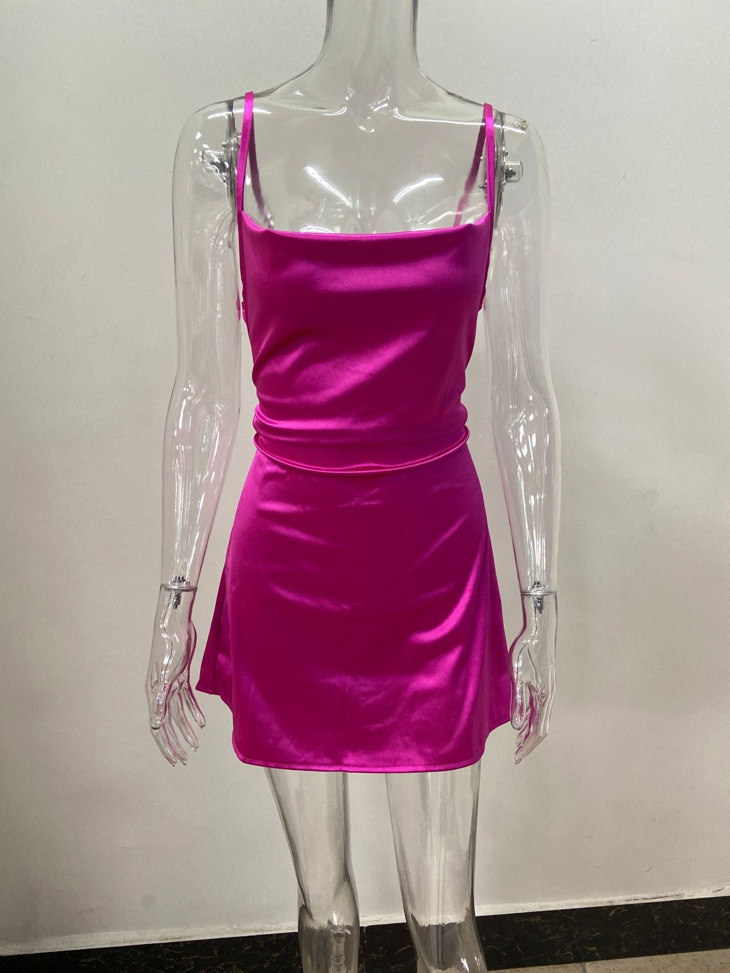 Skirt With Elegant Temperament, Pocket Collar, Satin Basic Backless Slip Dress