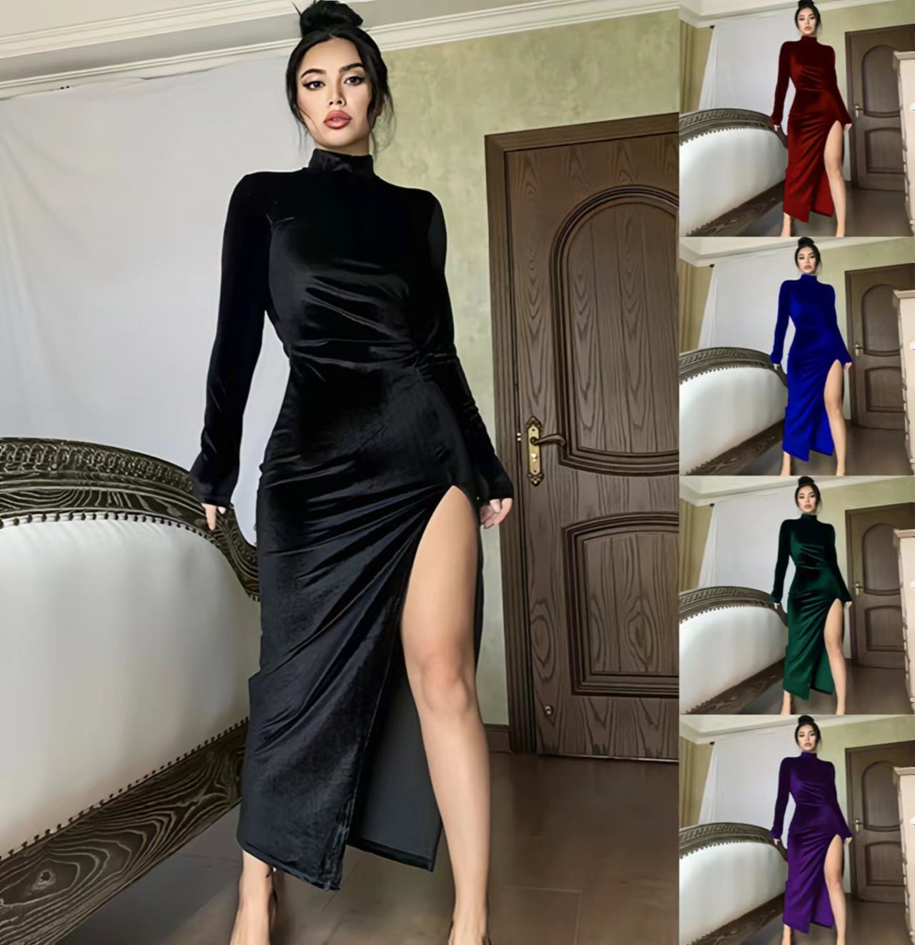 High-Neck Velvet Dress Slim Pleated Slit Dress