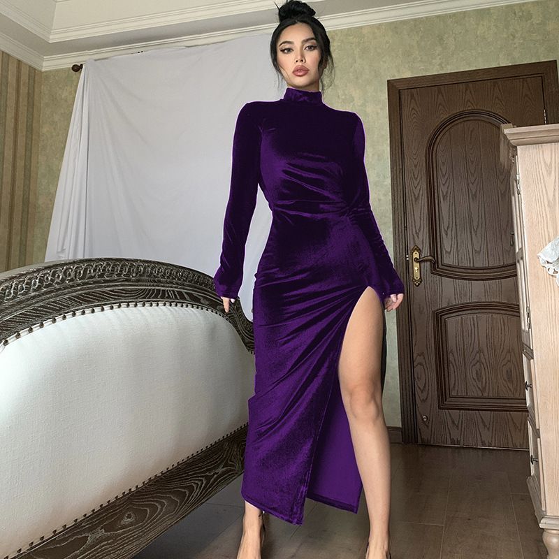 High-Neck Velvet Dress Slim Pleated Slit Dress