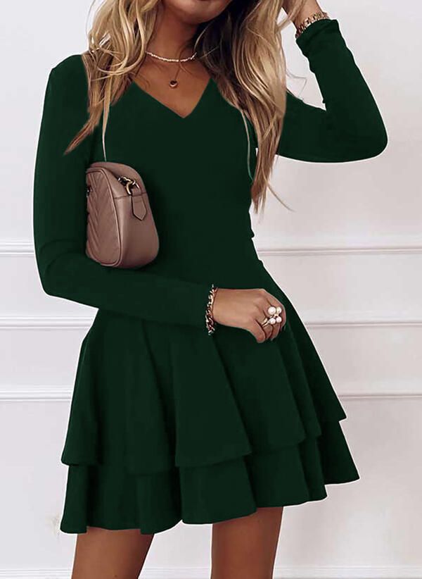 New Solid Color Street Hipster Mid-Waist Pullover Spliced Hem Women'S Long Sleeve Dress