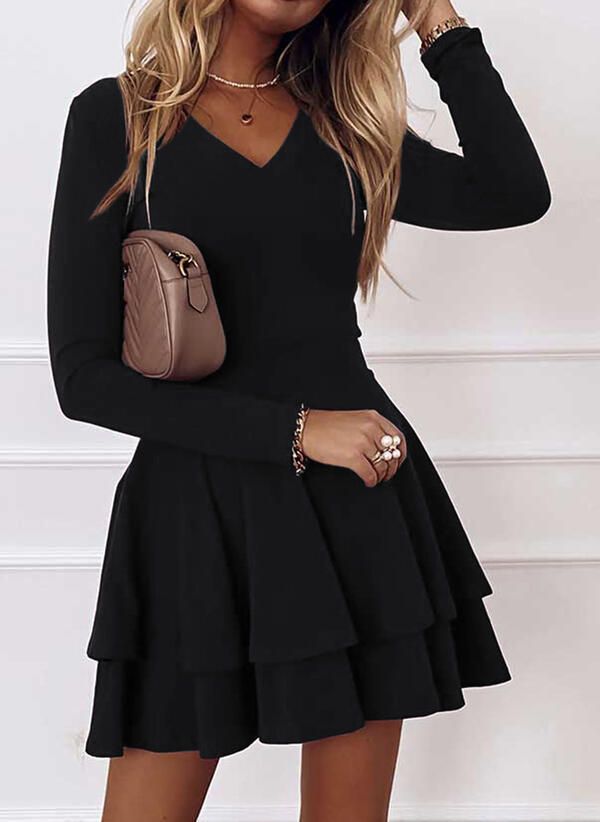 New Solid Color Street Hipster Mid-Waist Pullover Spliced Hem Women'S Long Sleeve Dress