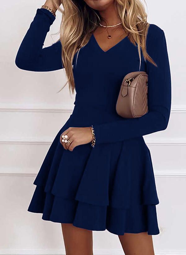 New Solid Color Street Hipster Mid-Waist Pullover Spliced Hem Women'S Long Sleeve Dress
