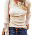 Crew Neck Buttons, Patchwork Lace Sleeves, Loose Solid Color, Long Sleeve T-Shirt