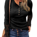 Crew Neck Buttons, Patchwork Lace Sleeves, Loose Solid Color, Long Sleeve T-Shirt
