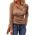 Crew Neck Buttons, Patchwork Lace Sleeves, Loose Solid Color, Long Sleeve T-Shirt