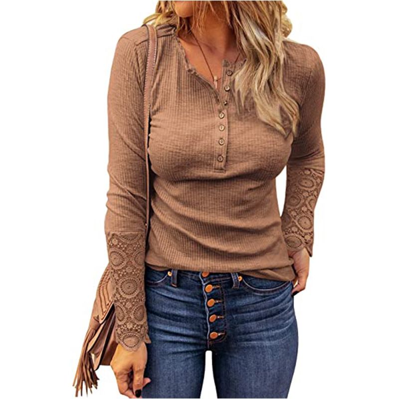 Crew Neck Buttons, Patchwork Lace Sleeves, Loose Solid Color, Long Sleeve T-Shirt
