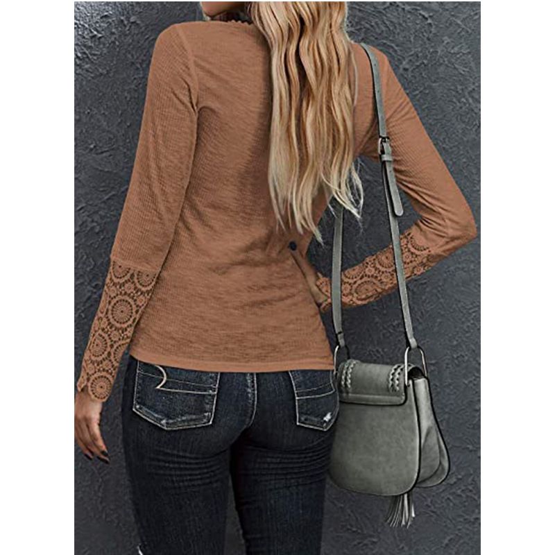 Crew Neck Buttons, Patchwork Lace Sleeves, Loose Solid Color, Long Sleeve T-Shirt