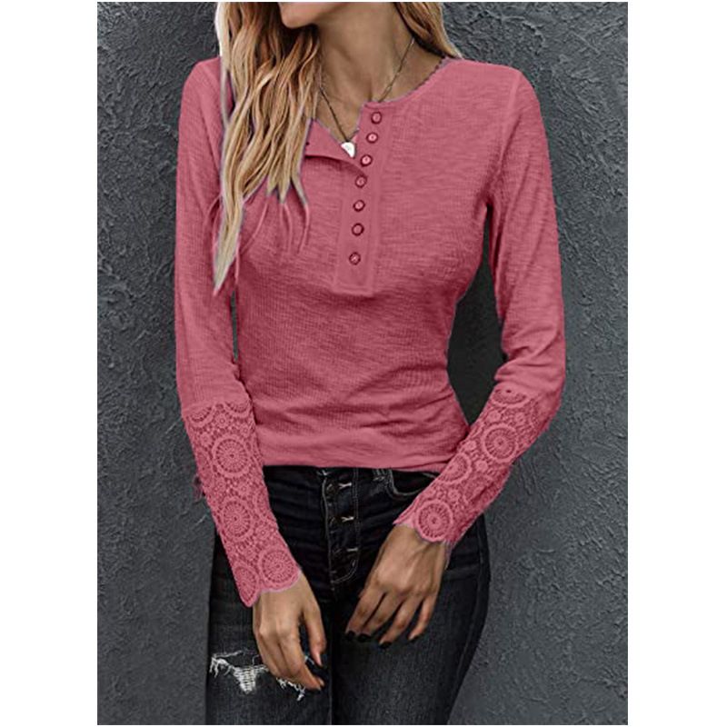 Crew Neck Buttons, Patchwork Lace Sleeves, Loose Solid Color, Long Sleeve T-Shirt