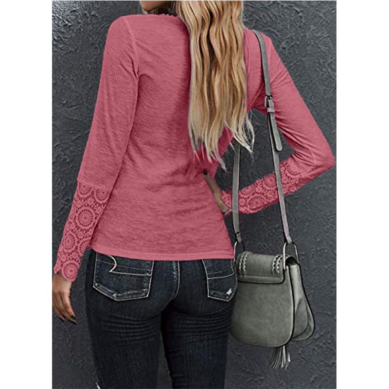 Crew Neck Buttons, Patchwork Lace Sleeves, Loose Solid Color, Long Sleeve T-Shirt