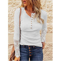 Crew Neck Buttons, Patchwork Lace Sleeves, Loose Solid Color, Long Sleeve T-Shirt