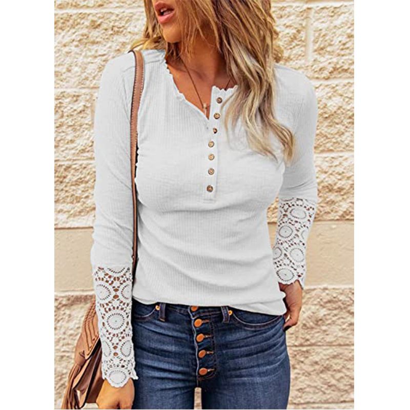 Crew Neck Buttons, Patchwork Lace Sleeves, Loose Solid Color, Long Sleeve T-Shirt