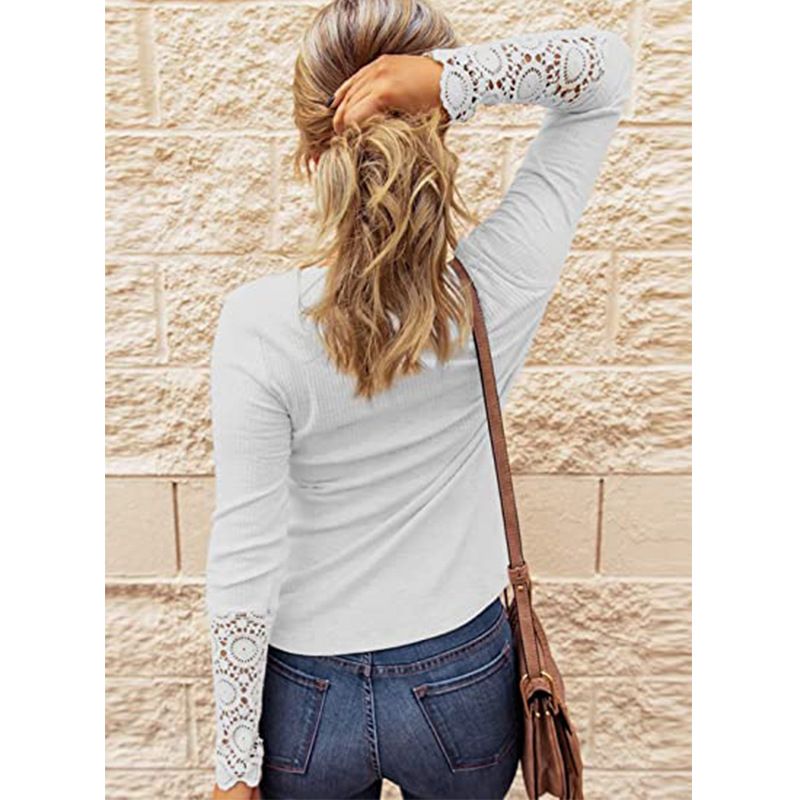 Crew Neck Buttons, Patchwork Lace Sleeves, Loose Solid Color, Long Sleeve T-Shirt