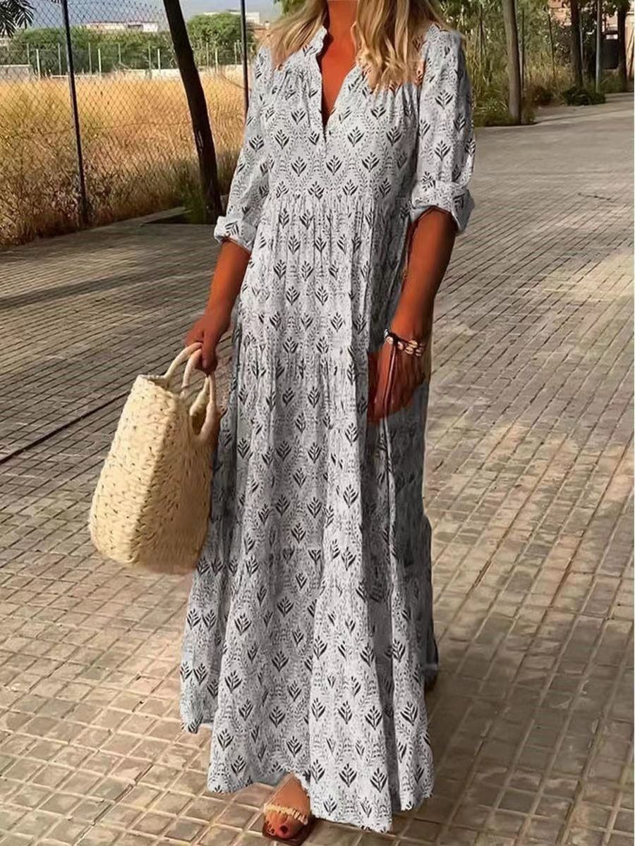 New Cross-Border Aliexpress Retro Stand Collar Large Size Fashion Loose Dress Long