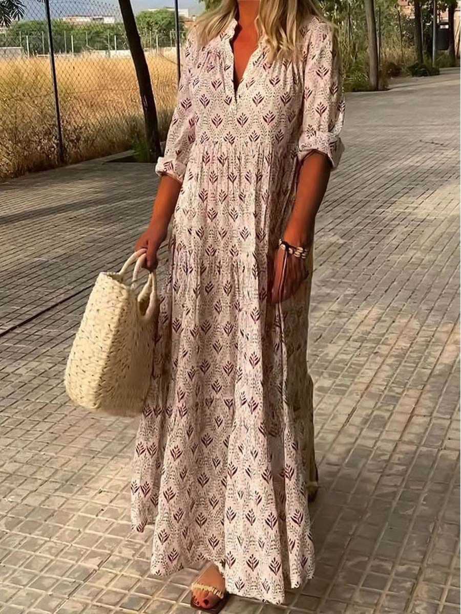 New Cross-Border Aliexpress Retro Stand Collar Large Size Fashion Loose Dress Long
