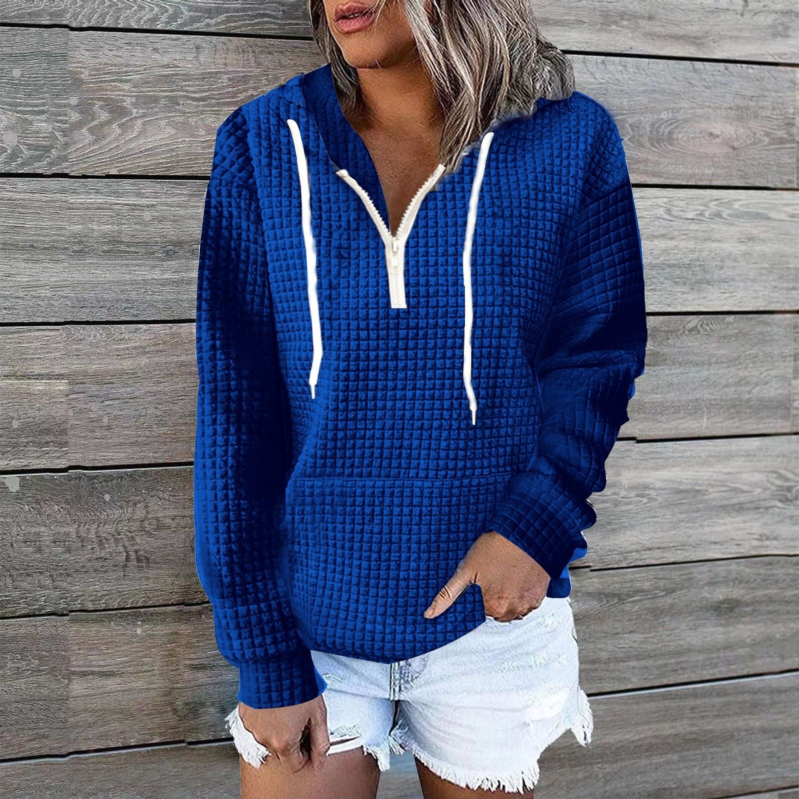 Zipper Hooded Pocket Solid Color Waffle Long-Sleeved Sweatshirt