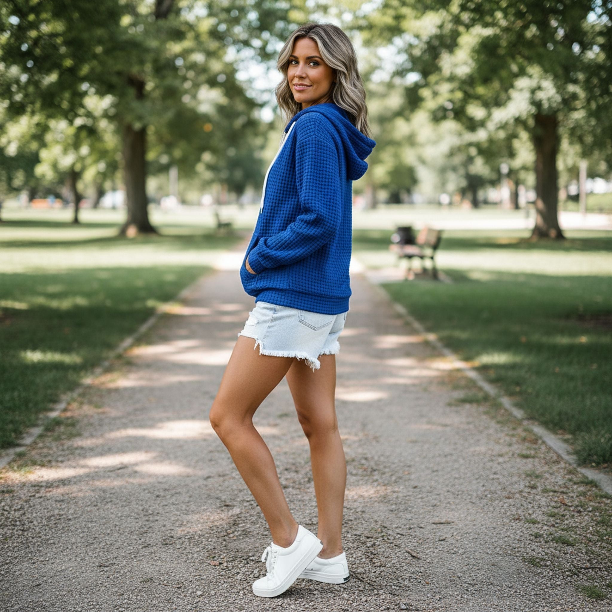 Zipper Hooded Pocket Solid Color Waffle Long-Sleeved Sweatshirt