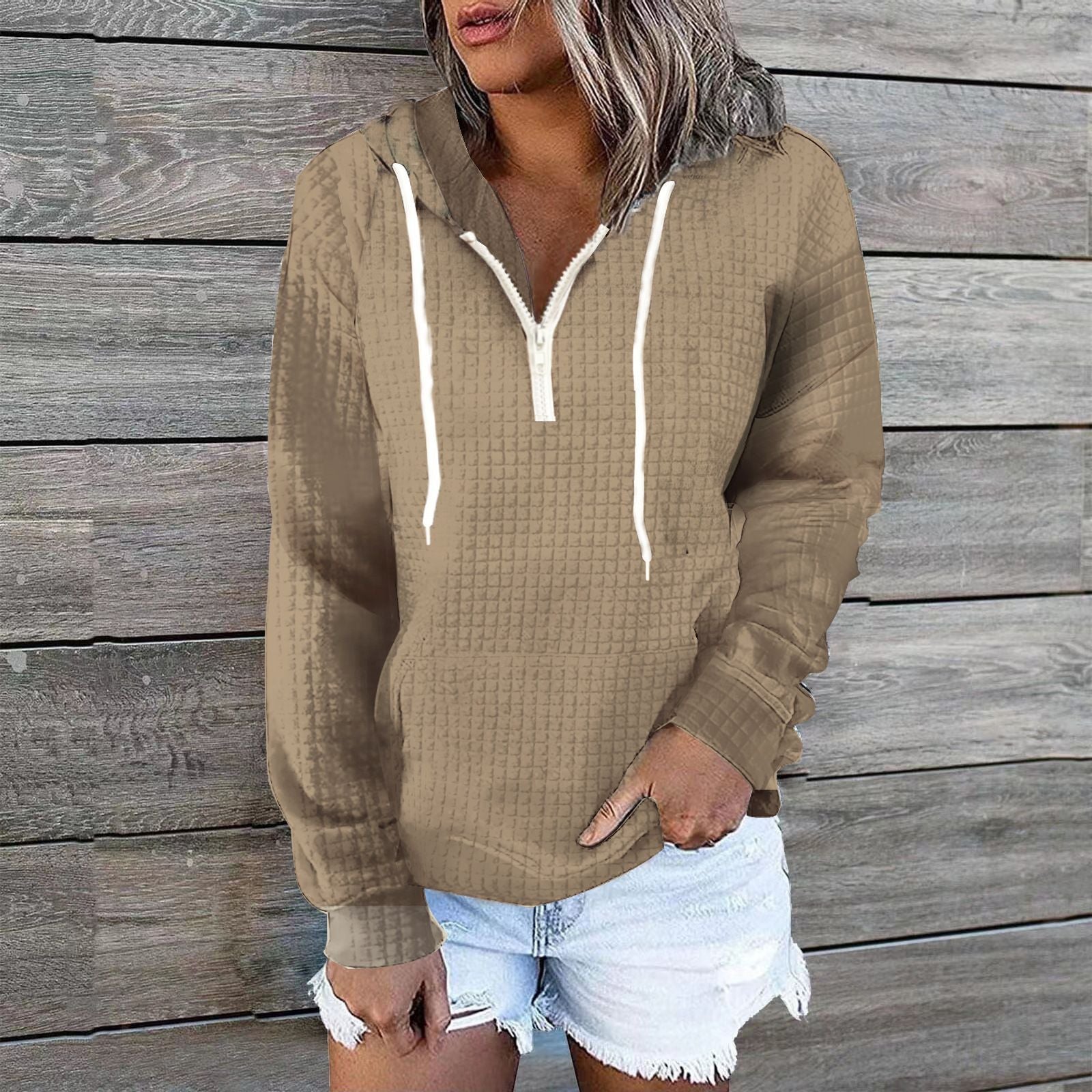 Zipper Hooded Pocket Solid Color Waffle Long-Sleeved Sweatshirt