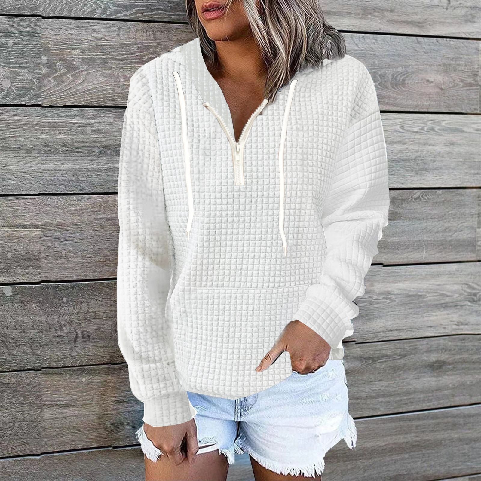 Zipper Hooded Pocket Solid Color Waffle Long-Sleeved Sweatshirt