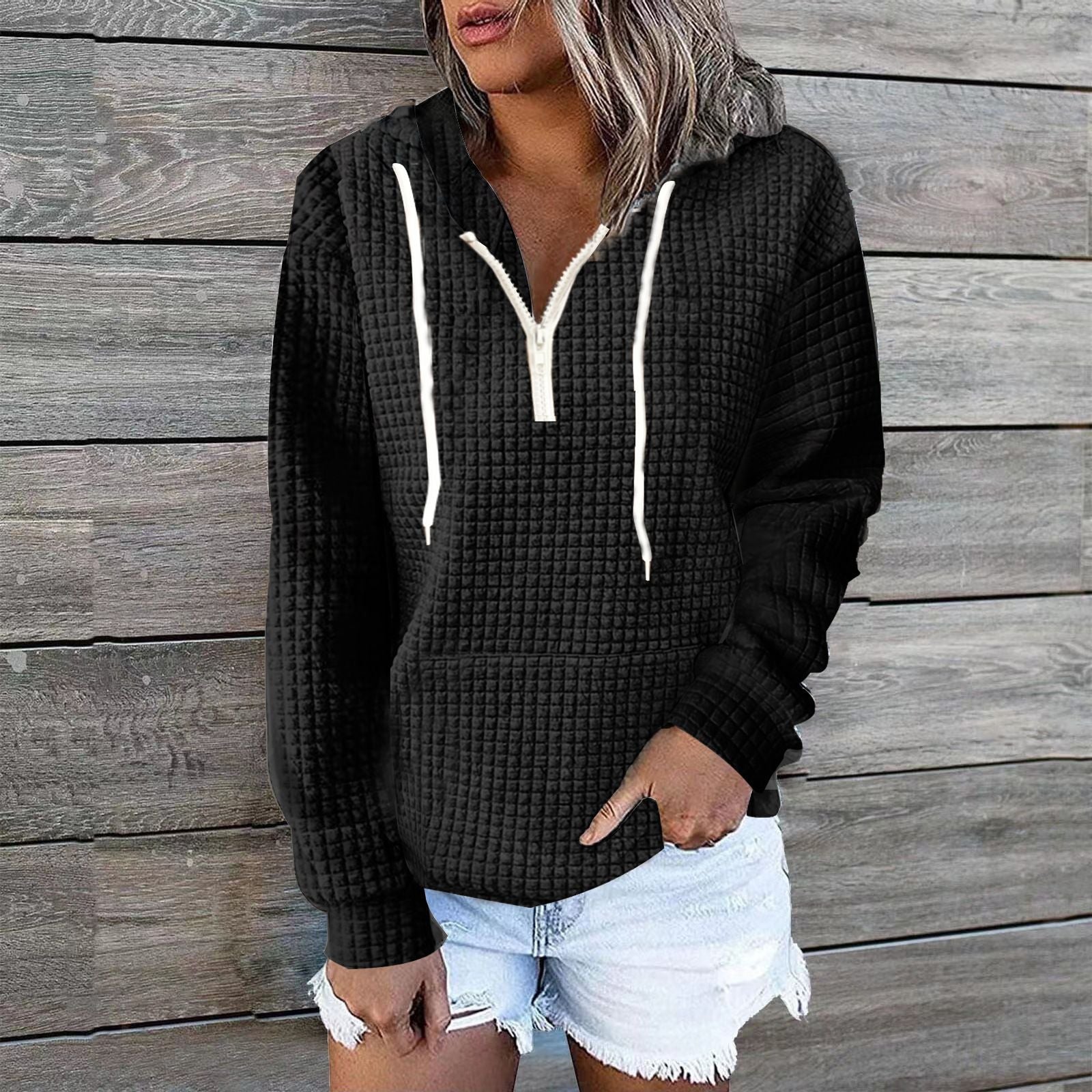 Zipper Hooded Pocket Solid Color Waffle Long-Sleeved Sweatshirt