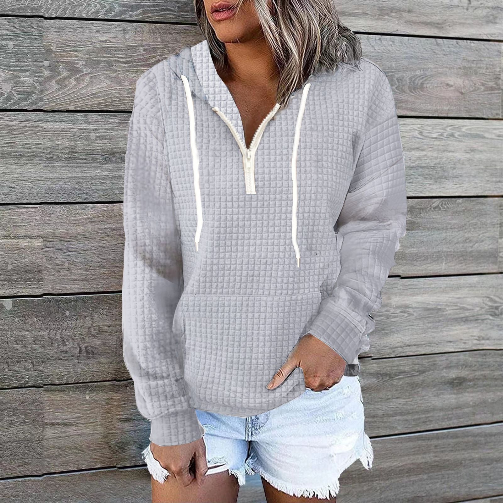 Zipper Hooded Pocket Solid Color Waffle Long-Sleeved Sweatshirt