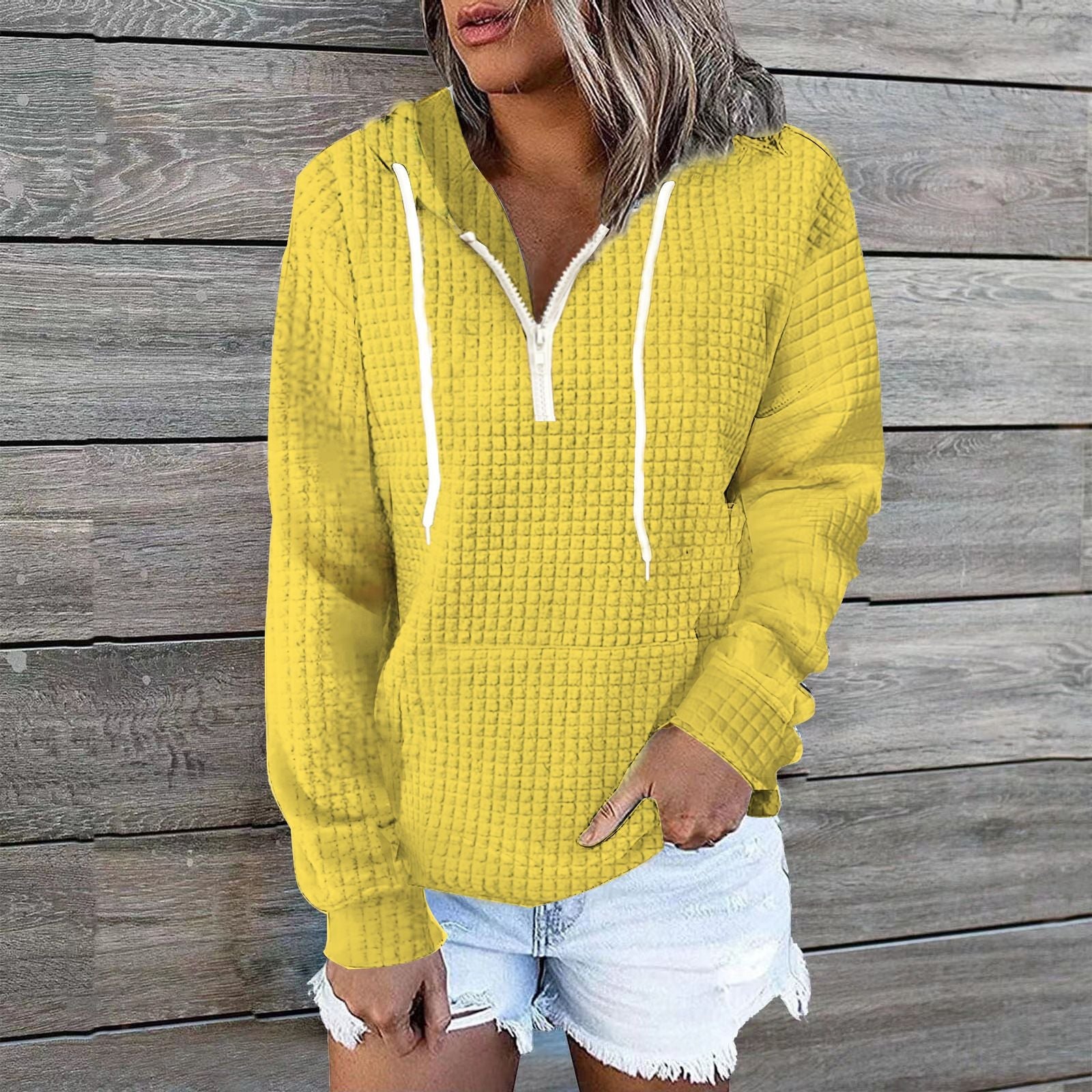 Zipper Hooded Pocket Solid Color Waffle Long-Sleeved Sweatshirt