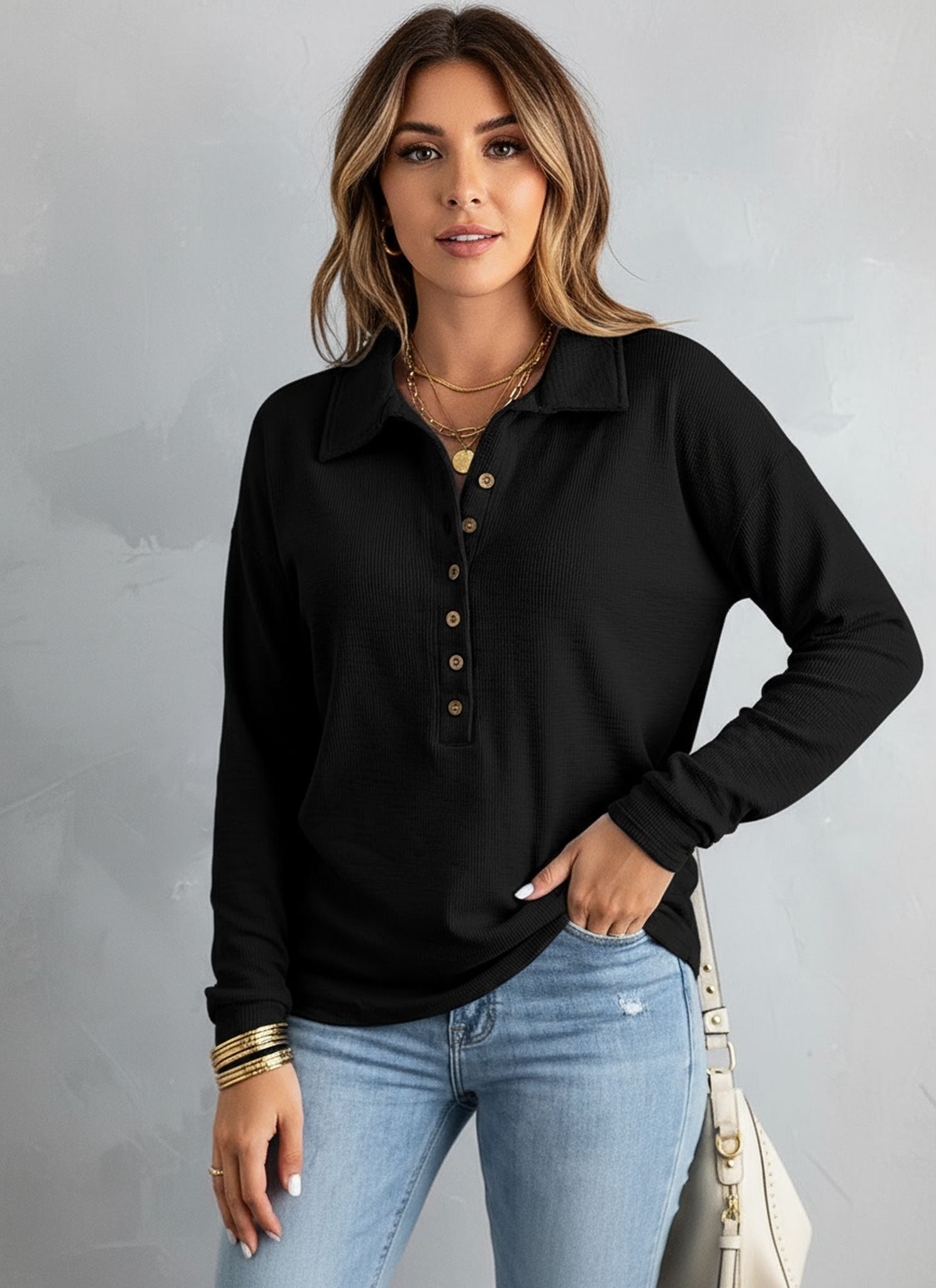 Single-Breasted Lapel Long-Sleeved Loose Casual Bottoming Top Autumn And Winter New