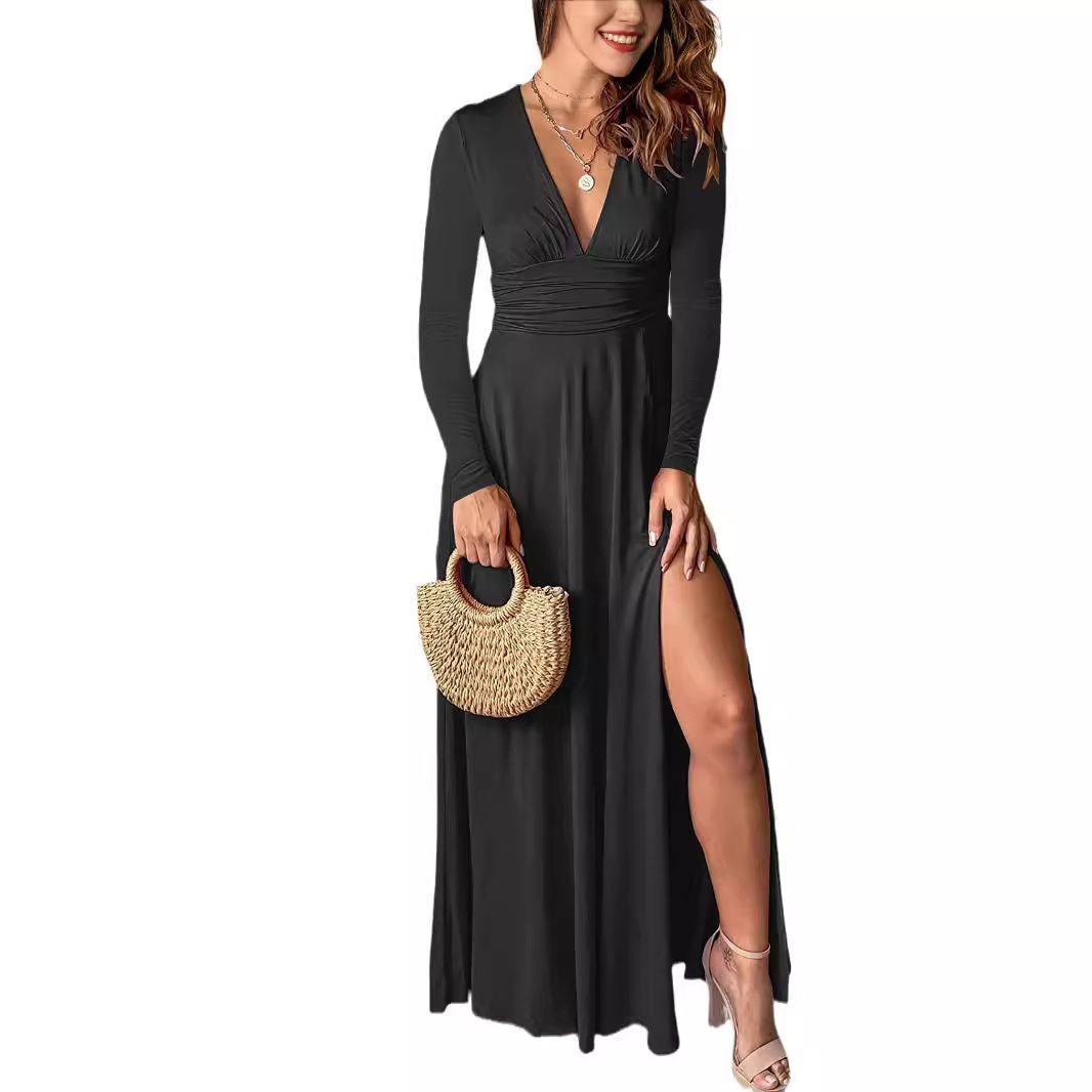 High-Waisted Slit Club Party Evening Dress Solid Color Dress
