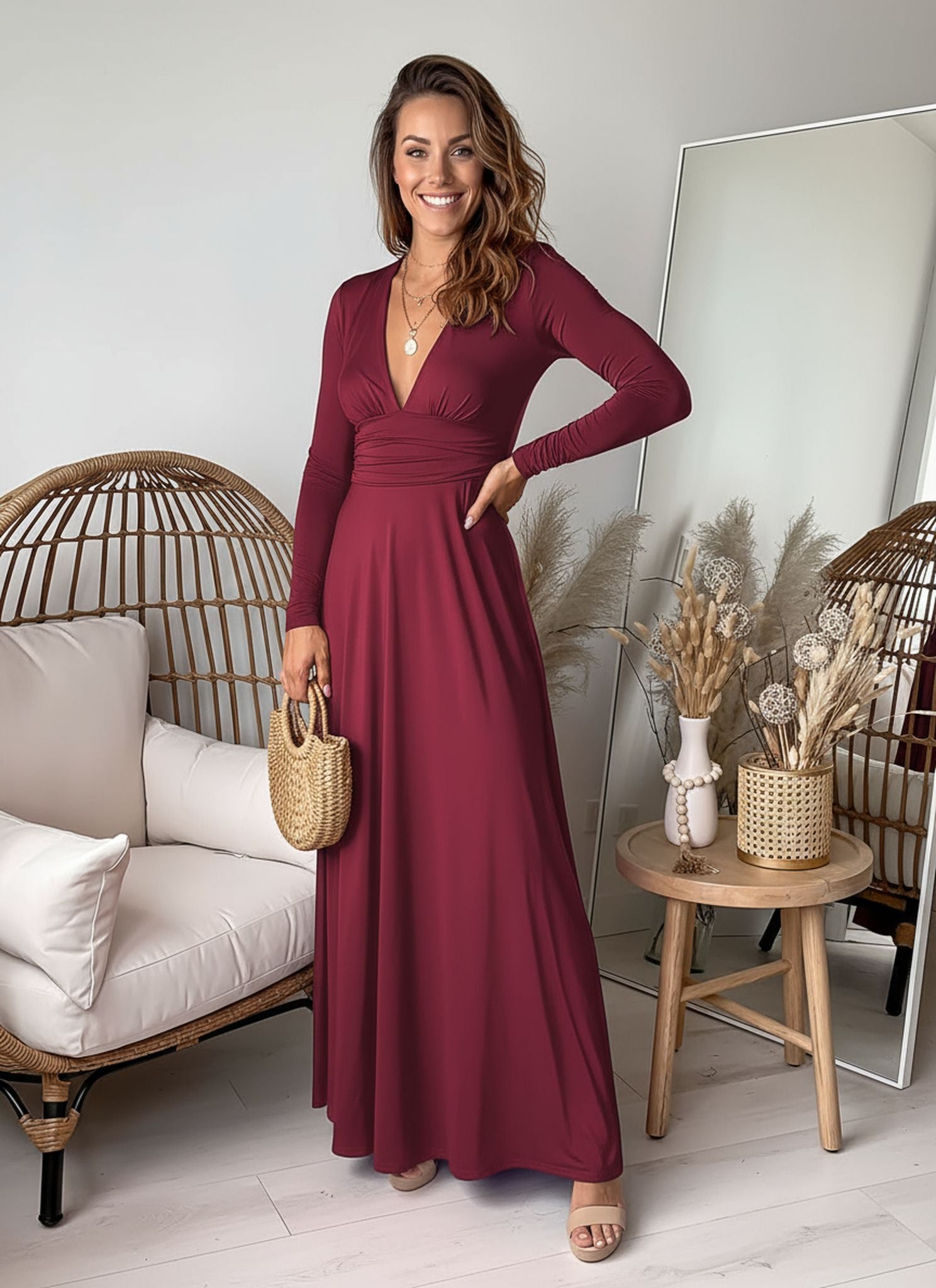 High-Waisted Slit Club Party Evening Dress Solid Color Dress