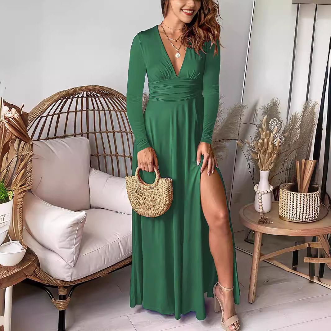 High-Waisted Slit Club Party Evening Dress Solid Color Dress