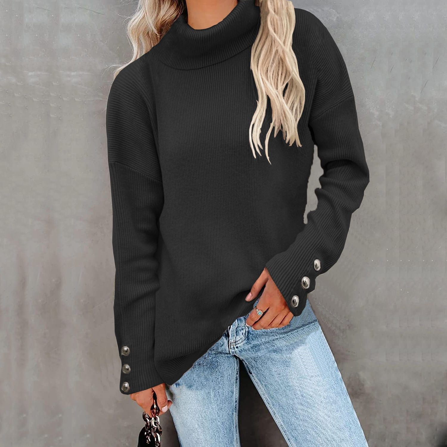 Striped High-Cut Button Sweater Solid Color Casual Loose Large Size Sweater For Women