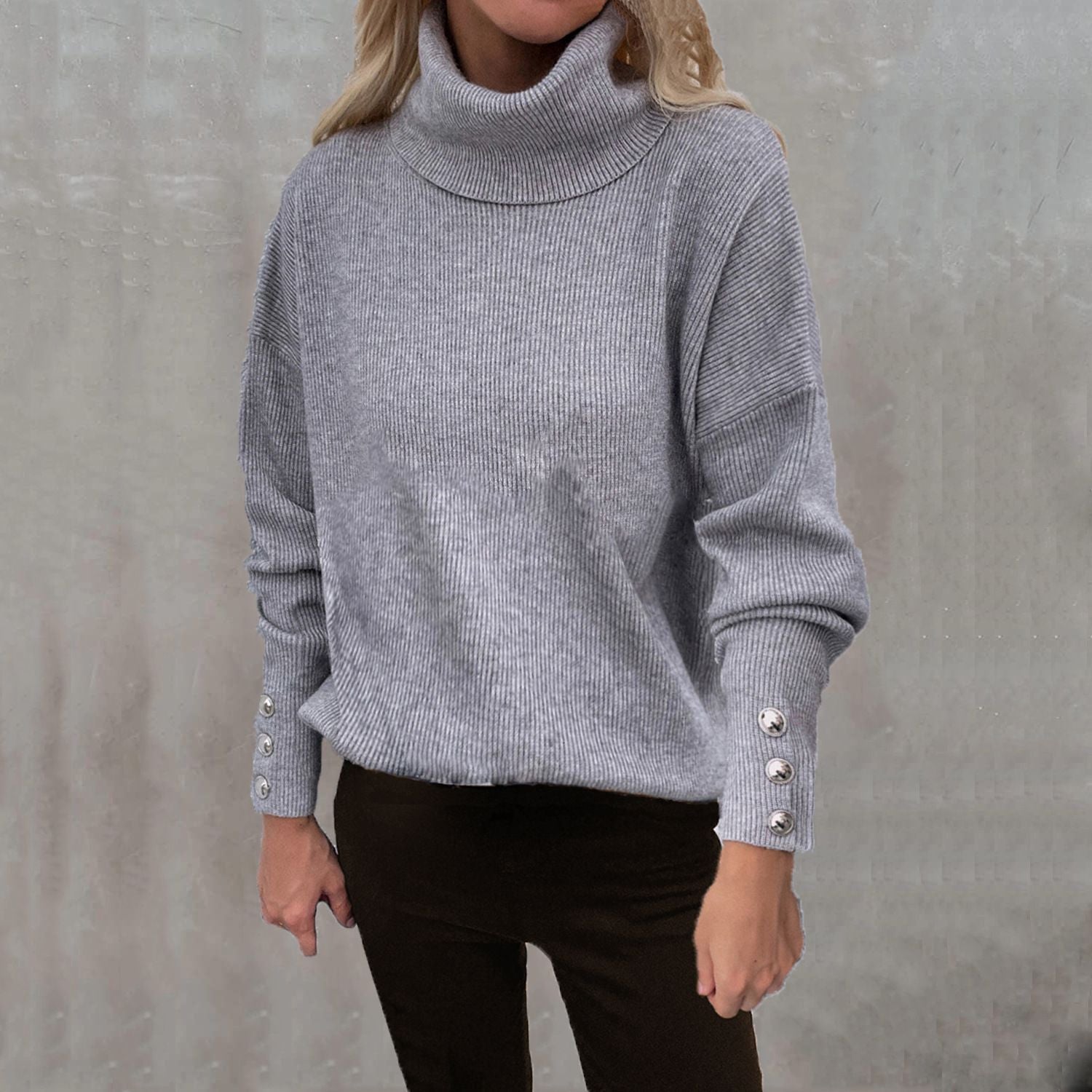 Striped High-Cut Button Sweater Solid Color Casual Loose Large Size Sweater For Women