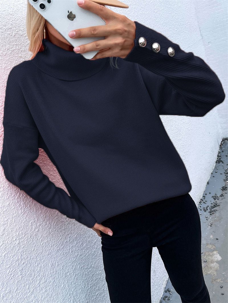 Striped High-Cut Button Sweater Solid Color Casual Loose Large Size Sweater For Women