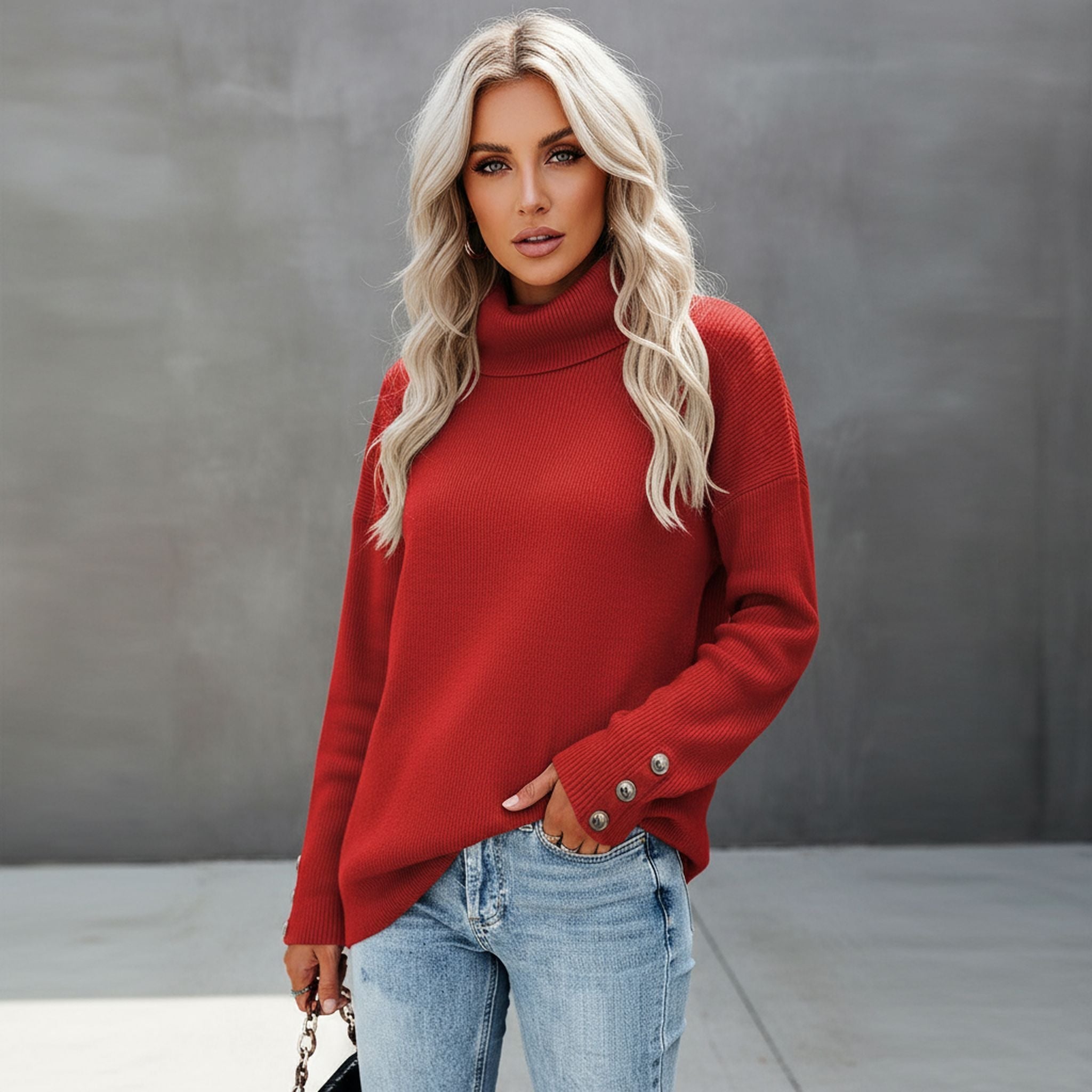 Striped High-Cut Button Sweater Solid Color Casual Loose Large Size Sweater For Women