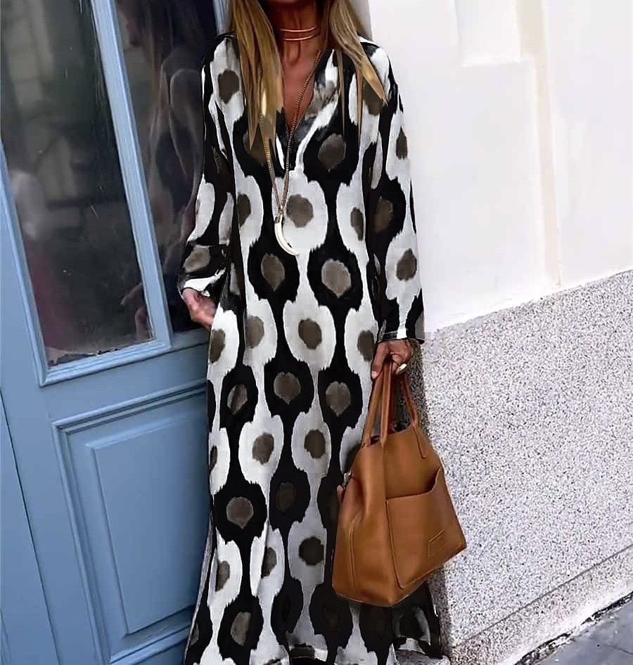 Winter New Products Independent Station Aliexpress Fashion Printed V-Neck Long Dress