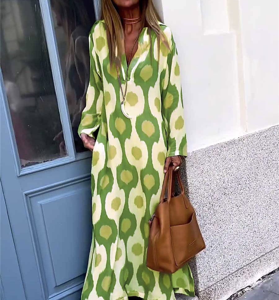 Winter New Products Independent Station Aliexpress Fashion Printed V-Neck Long Dress