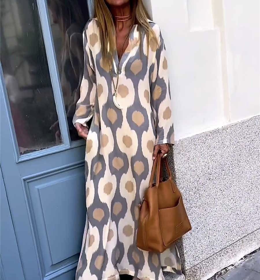 Winter New Products Independent Station Aliexpress Fashion Printed V-Neck Long Dress