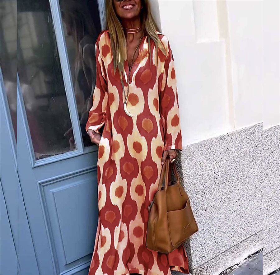 Winter New Products Independent Station Aliexpress Fashion Printed V-Neck Long Dress