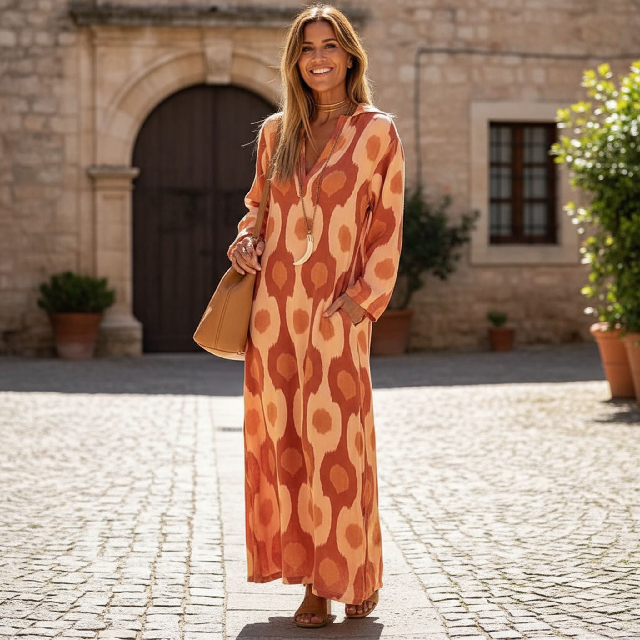 Winter New Products Independent Station Aliexpress Fashion Printed V-Neck Long Dress