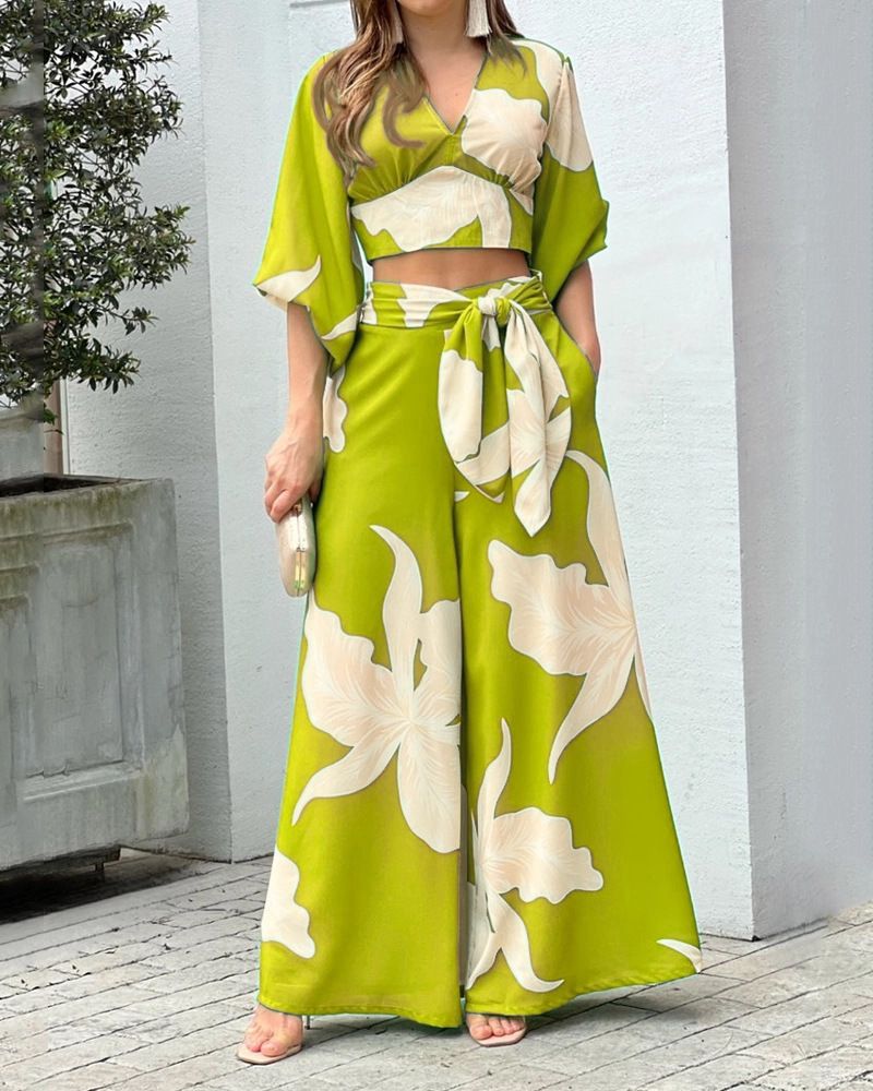 V-Neck, Lantern Sleeve Cropped Top, High-Waisted Wide-Leg Pants, Two-Piece Set