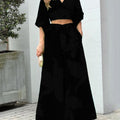 V-Neck, Lantern Sleeve Cropped Top, High-Waisted Wide-Leg Pants, Two-Piece Set