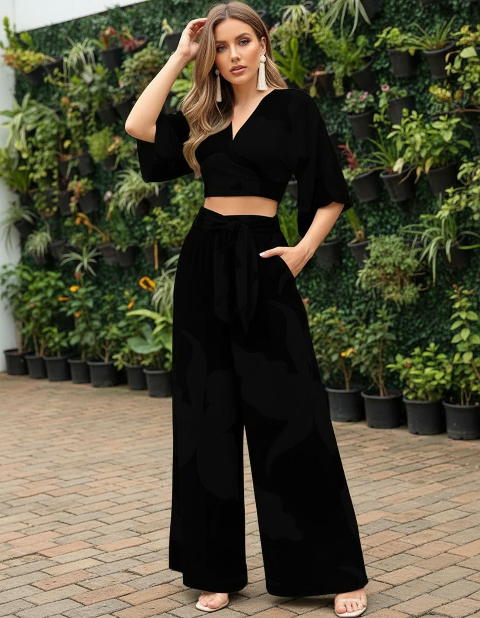 V-Neck, Lantern Sleeve Cropped Top, High-Waisted Wide-Leg Pants, Two-Piece Set