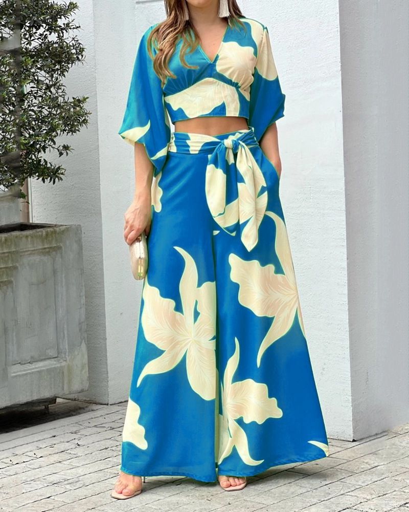 V-Neck, Lantern Sleeve Cropped Top, High-Waisted Wide-Leg Pants, Two-Piece Set