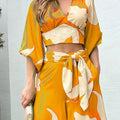 V-Neck, Lantern Sleeve Cropped Top, High-Waisted Wide-Leg Pants, Two-Piece Set