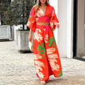 V-Neck, Lantern Sleeve Cropped Top, High-Waisted Wide-Leg Pants, Two-Piece Set