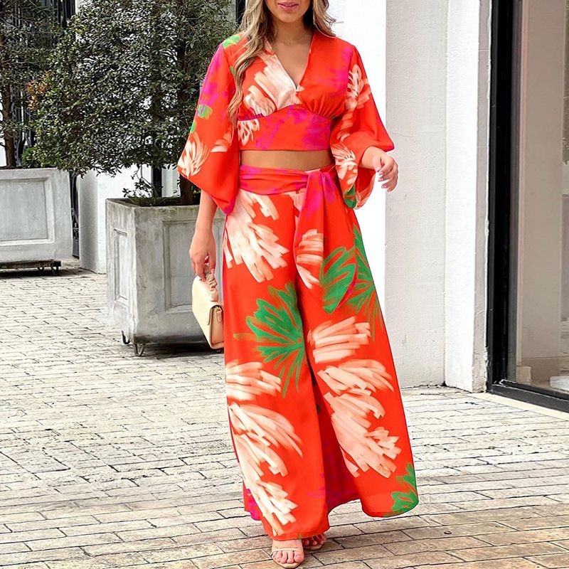 V-Neck, Lantern Sleeve Cropped Top, High-Waisted Wide-Leg Pants, Two-Piece Set